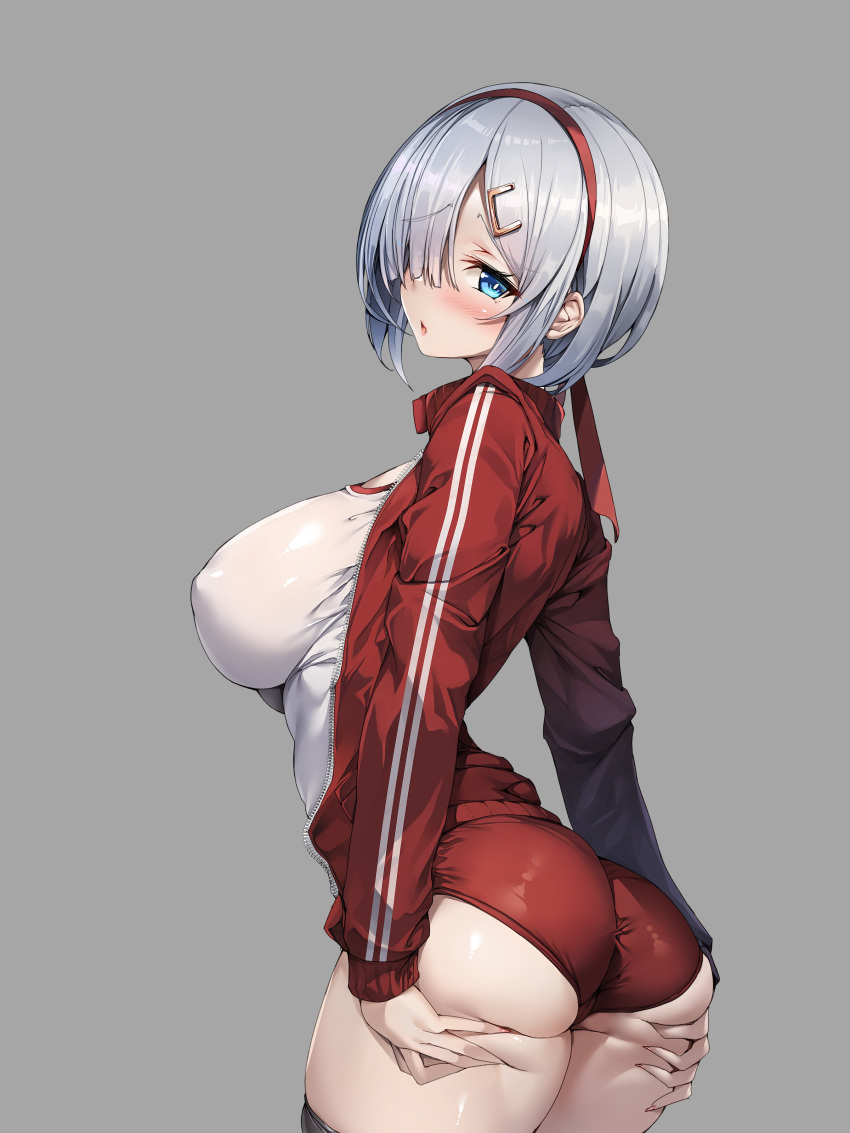 1girl absurdres ass ass_grab black_thighhighs blue_eyes blush breasts buruma commentary_request covered_nipples fletcher_(kancolle) fletcher_mk_ii_(kancolle) grabbing_own_ass grey_background grey_hair gym_shirt gym_uniform hair_over_one_eye hairband hamakaze_(kancolle) highres jacket kantai_collection large_breasts looking_at_viewer parted_lips red_jacket shirt short_hair simple_background standing thighhighs thighs torisan white_shirt