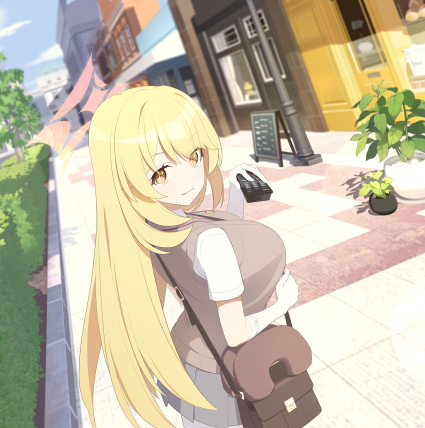 1girl absurdres artist_request bag blonde_hair blue_archive blurry blurry_background breasts brown_sweater_vest bush collared_shirt controller crossover detached_sleeves game_cg grey_skirt halo handbag highres holding holding_remote_control lamppost large_breasts lens_flare long_hair looking_at_viewer looking_back non-web_source official_art outdoors plant pleated_skirt potted_plant remote_control road school_emblem school_uniform shirt shokuhou_misaki skirt solo sparkling_eyes spider_web_print star-shaped_pupils star_(symbol) storefront street sweater_vest symbol-shaped_pupils toaru_kagaku_no_railgun toaru_majutsu_no_index tokiwadai_school_uniform very_long_hair white_shirt yellow_eyes yellow_halo yellow_pupils