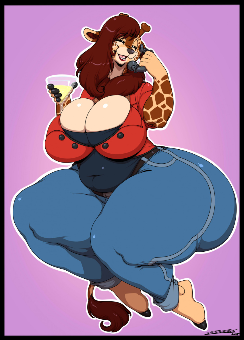 2022 abra_(aluriandkya) anthro belly big_belly big_breasts big_butt black_border border bottomwear breasts brown_hair butt cleavage clothed clothing curvaceous curvy_figure denim denim_clothing deonwolf digital_media_(artwork) eyes_closed female giraffe giraffid hair hi_res huge_breasts huge_butt huge_hips huge_thighs hyper hyper_butt hyper_hips jeans long_hair mammal pants phone slightly_chubby smile solo thick_thighs tight_clothing voluptuous wide_hips