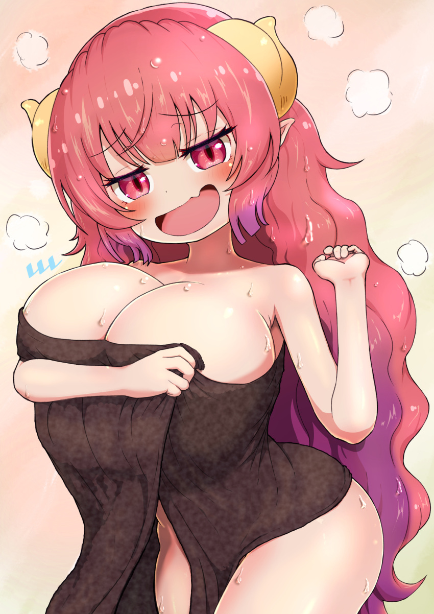 animal_humanoid big_breasts blush breasts covering covering_self dragon dragon_humanoid female hair hi_res horn huge_breasts humanoid ilulu long_hair miss_kobayashi's_dragon_maid nude open_mouth red_eyes red_hair simple_background solo towel wet wet_body