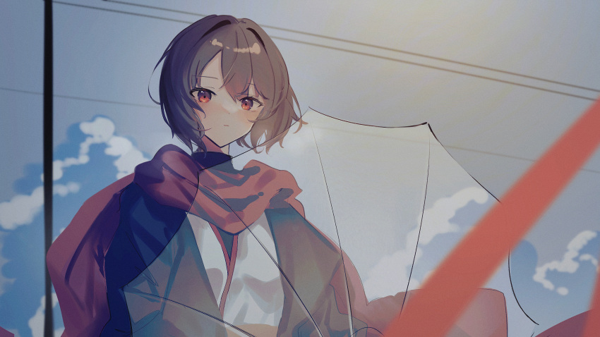 1girl blush brown_hair closed_mouth cloud day highres hyuuga_(kancolle) japanese_clothes kantai_collection kazeshio looking_at_viewer outdoors red_eyes red_scarf scarf short_hair sky solo umbrella upper_body