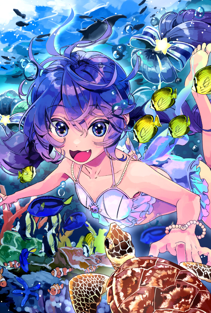 :3 air_bubble alternate_costume animal_request barefoot bikini blue_eyes blush bow bracelet breasts bubble clownfish collarbone commentary_request coral day fang fish floating_hair foot_out_of_frame foot_up foreshortening frilled_bikini frills gem hair_bow hair_ornament highres jewelry long_hair looking_at_viewer low_twintails manta_ray multiple_hair_bows ocean otomachi_una outdoors pearl_(gemstone) pearl_bracelet purple_bikini purple_hair sea_turtle small_breasts smile star_(symbol) star_hair_ornament starfish swimming swimsuit tomizu turtle twintails underwater vocaloid