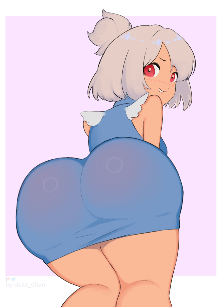 1girl absurdres ass ass_focus blush breasts dazz_chan dress from_behind highres looking_at_viewer looking_back original red_eyes short_hair simple_background smile solo thick_thighs thighs white_hair