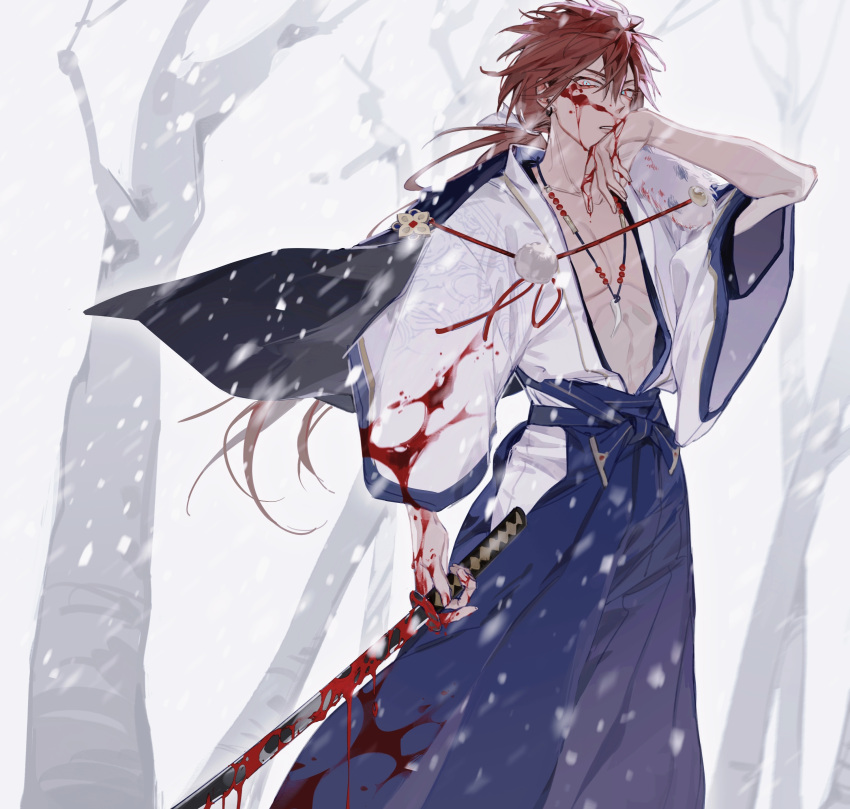 1boy absurdres alternate_hair_length alternate_hairstyle amagi_rinne bead_necklace beads black_cape blood blood_on_clothes blood_on_face blood_on_hands blood_on_weapon blue_hakama cape earrings ensemble_stars! floating_clothes floating_hair forest fur-trimmed_cape fur_trim hair_between_eyes hakama hand_up haori_himo highres hiirorinne holding holding_sword holding_weapon japanese_clothes jewelry katana kimono long_hair looking_at_viewer low_ponytail male_focus motion_blur nature necklace outdoors parted_lips pectorals ponytail red_hair snowing solo standing sword tooth_necklace very_long_hair weapon white_kimono wind winter wiping_blood wiping_face