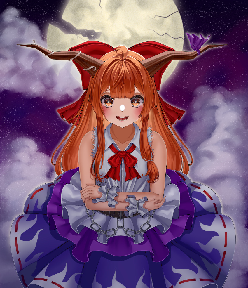 1girl absurdres ahoge blunt_bangs blush bow bowtie broken_moon brown_horns buttons chain cloud commentary_request cowboy_shot crossed_arms flame_print flat_chest full_moon hair_bow hair_intakes highres horn_bow horn_ornament horns ibuki_suika layered_skirt long_hair looking_at_viewer medium_bangs moon open_mouth orange_hair print_skirt purple_bow purple_skirt purple_sky red_bow red_bowtie ribbon-trimmed_skirt ribbon_trim shalunishka shirt sidelocks skirt sky sleeveless sleeveless_shirt smile solo star_(sky) starry_sky teeth tongue torn_clothes torn_sleeves touhou v-shaped_eyebrows very_long_hair white_shirt wrist_cuffs