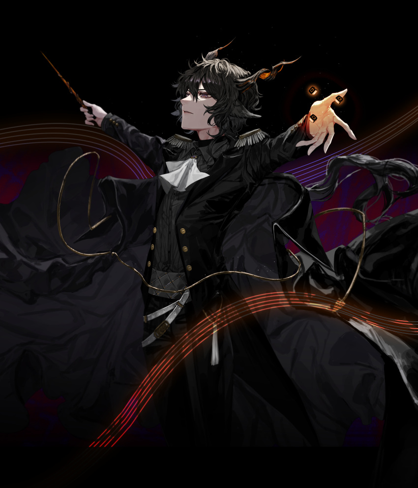 1boy absurdres animal_ears arknights baton_(conducting) belt black_background black_eyes black_hair black_jacket black_shirt carol0905 cloak_removed conductor dice ebenholz_(arknights) epaulettes floating formal from_side goat_ears goat_horns highres horns jacket long_sleeves magic serious shirt solo