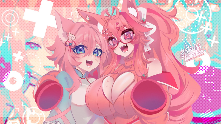 2girls alicia_cotton animal_ear_fluff animal_ears bare_shoulders blue_background blue_eyes blush breasts cat_girl clothing_cutout commentary cowboy_shot fang hair_between_eyes hair_ornament hands_on_another's_arm heart_cutout highres huge_breasts indie_virtual_youtuber kireina_(osiimi) long_hair long_sleeves multiple_girls open_mouth osiimi pink_background pink_hair pink_nails pink_sweater pink_theme pink_thighhighs purple_eyes short_hair short_ponytail simple_background skin_fang sleeves_past_wrists smile solo sweater thighhighs trait_connection twintails upper_body very_long_hair vietnamese_dress virtual_youtuber white_background wing_hair_ornament zoom_layer