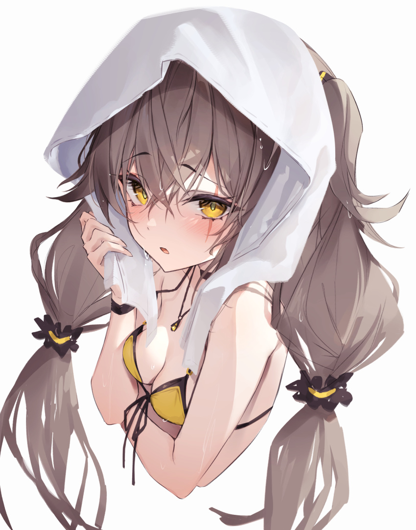 1girl absurdres arm_under_breasts bare_shoulders bikini blush breasts brown_hair commentary_request cropped_torso diieru front-tie_bikini_top front-tie_top girls'_frontline hair_between_eyes highres jewelry long_hair looking_at_viewer necklace parted_lips scar scar_across_eye simple_background small_breasts solo swimsuit towel towel_on_head twintails ump45_(girls'_frontline) wet wet_hair white_background yellow_bikini