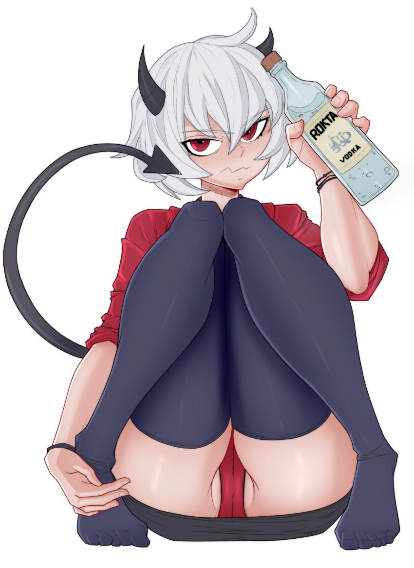 1girl black_horns black_thighhighs bottle covered_pussy demon demon_girl demon_horns demon_tail grumpy helltaker highres holding holding_bottle horns looking_at_viewer malina_(helltaker) panties red_eyes red_panties sitting tail thighhighs underwear white_background white_hair