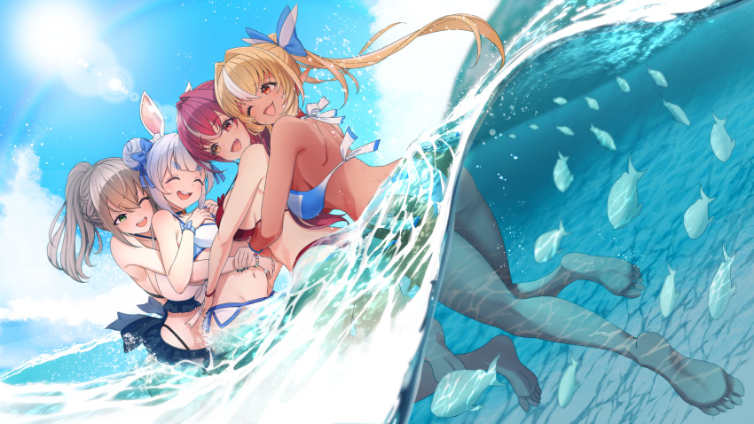 4girls :d ;d bikini bikini_skirt blonde_hair blue_sky commentary_request dark-skinned_female dark_skin dutch_angle fangs grey_hair group_hug highres hololive hololive_fantasy houshou_marine hug hug_from_behind lens_flare multiple_girls nemu_iine ocean one_eye_closed open_mouth outdoors red_hair shiranui_flare shirogane_noel sky smile summer swimsuit usada_pekora water