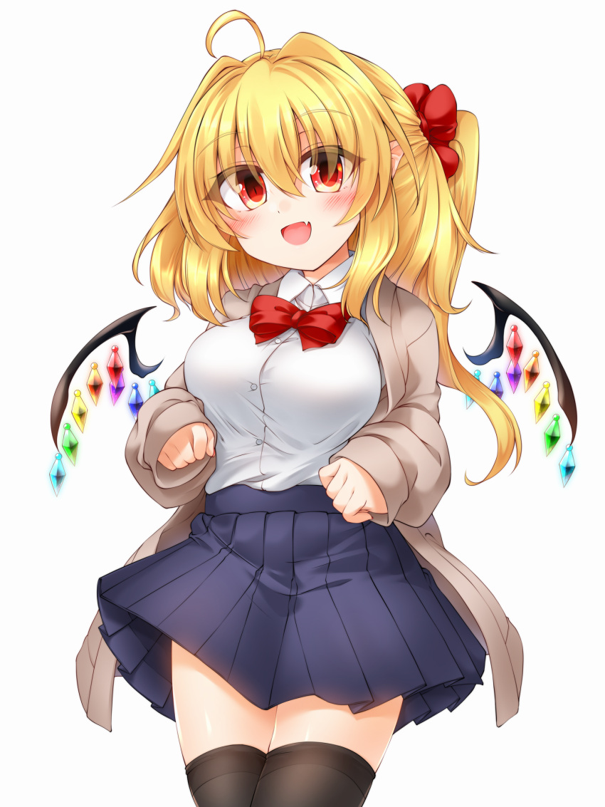 1girl ahoge bat_wings black_thighhighs blonde_hair blue_skirt blush bow breasts brown_cardigan cardigan collared_shirt commentary crystal dot_nose dress_shirt eyes_visible_through_hair fang flandre_scarlet hair_between_eyes hair_ornament hair_scrunchie happy highres large_breasts long_sleeves looking_at_viewer marukyuu_ameya medium_hair miniskirt nail_polish open_cardigan open_clothes open_mouth pleated_skirt pointy_ears ponytail red_bow red_eyes red_nails red_scrunchie school_uniform scrunchie shirt shirt_tucked_in side_ponytail simple_background skin_fang skirt solo thick_eyelashes thighhighs thighs tongue touhou uniform white_background white_shirt wings zettai_ryouiki