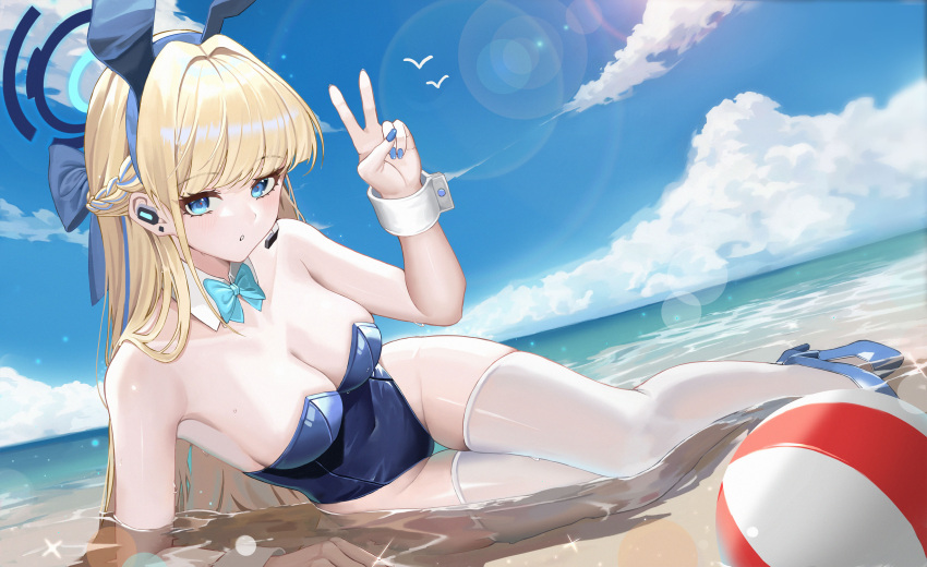 1girl absurdres animal_ears ball bare_shoulders beach blonde_hair blue_archive blue_bow blue_eyes blue_hairband blue_leotard blue_nails blue_sky bow bowtie braid breasts cloud day detached_collar earpiece fake_animal_ears hairband highleg highleg_leotard highres leotard long_hair lying medium_breasts microphone mizurin ocean official_alternate_costume official_alternate_hairstyle on_side outdoors parted_lips playboy_bunny rabbit_ears sky solo sunlight thighhighs thighs toki_(blue_archive) toki_(bunny)_(blue_archive) v very_long_hair white_thighhighs wrist_cuffs