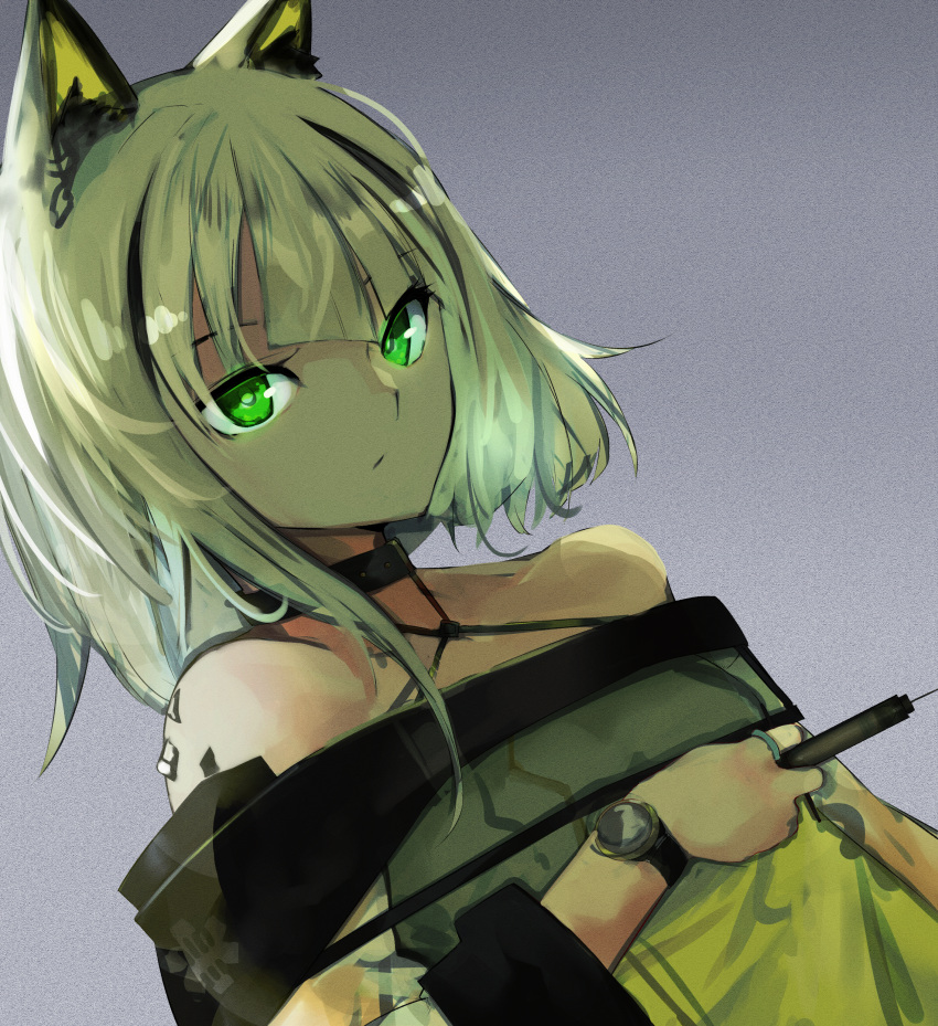 1girl absurdres animal_ears ao_oni_(onioni-aoi) arknights backlighting bare_shoulders cat_ears cat_girl closed_mouth commentary_request dress dutch_angle expressionless glowing glowing_eyes green_dress green_eyes grey_background grey_hair halterneck hand_up highres holding holding_syringe infection_monitor_(arknights) kal'tsit_(arknights) long_sleeves looking_at_viewer medium_hair off-shoulder_dress off_shoulder oripathy_lesion_(arknights) partial_commentary solo syringe unfinished upper_body watch wristwatch yellow_dress