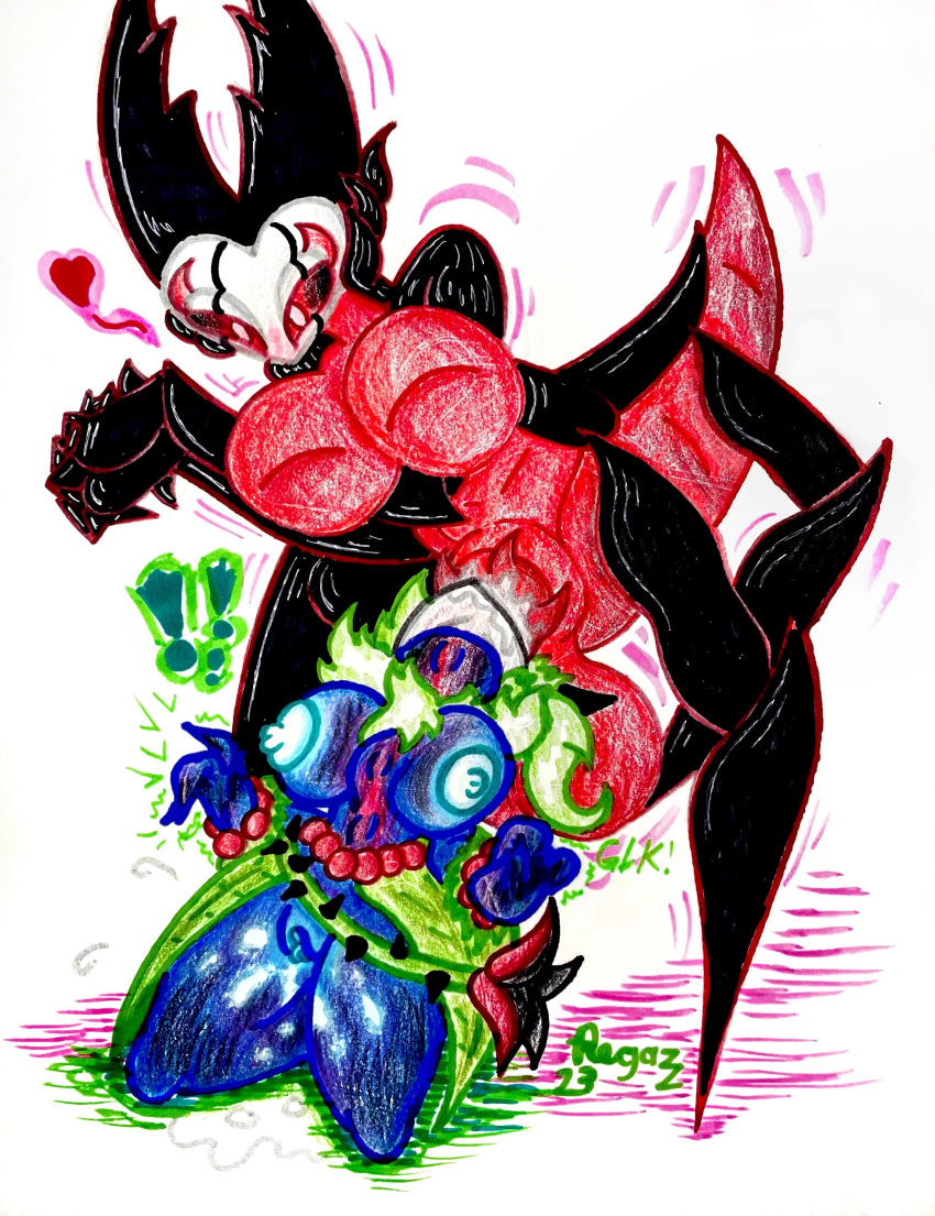 &lt;3 3_legs absurd_res anthro areola arthropod beads big_areola big_breasts big_bulge big_penis black_body blue_body bodily_fluids breasts bulge cum cum_inside exclamation_point fan_character female genital_fluids genitals green_hair gynomorph hair hi_res hollow_knight horn huge_bulge huge_penis humanoid insect interlocked_fingers intersex intersex/female lepidopteran mantis moth neck_bulge nipples oral pectoral_bulge penis pervnamedregazz plant_clothing pussy_juice red_body scarlett_mantis size_difference spiked_penis spikes spikes_(anatomy) team_cherry