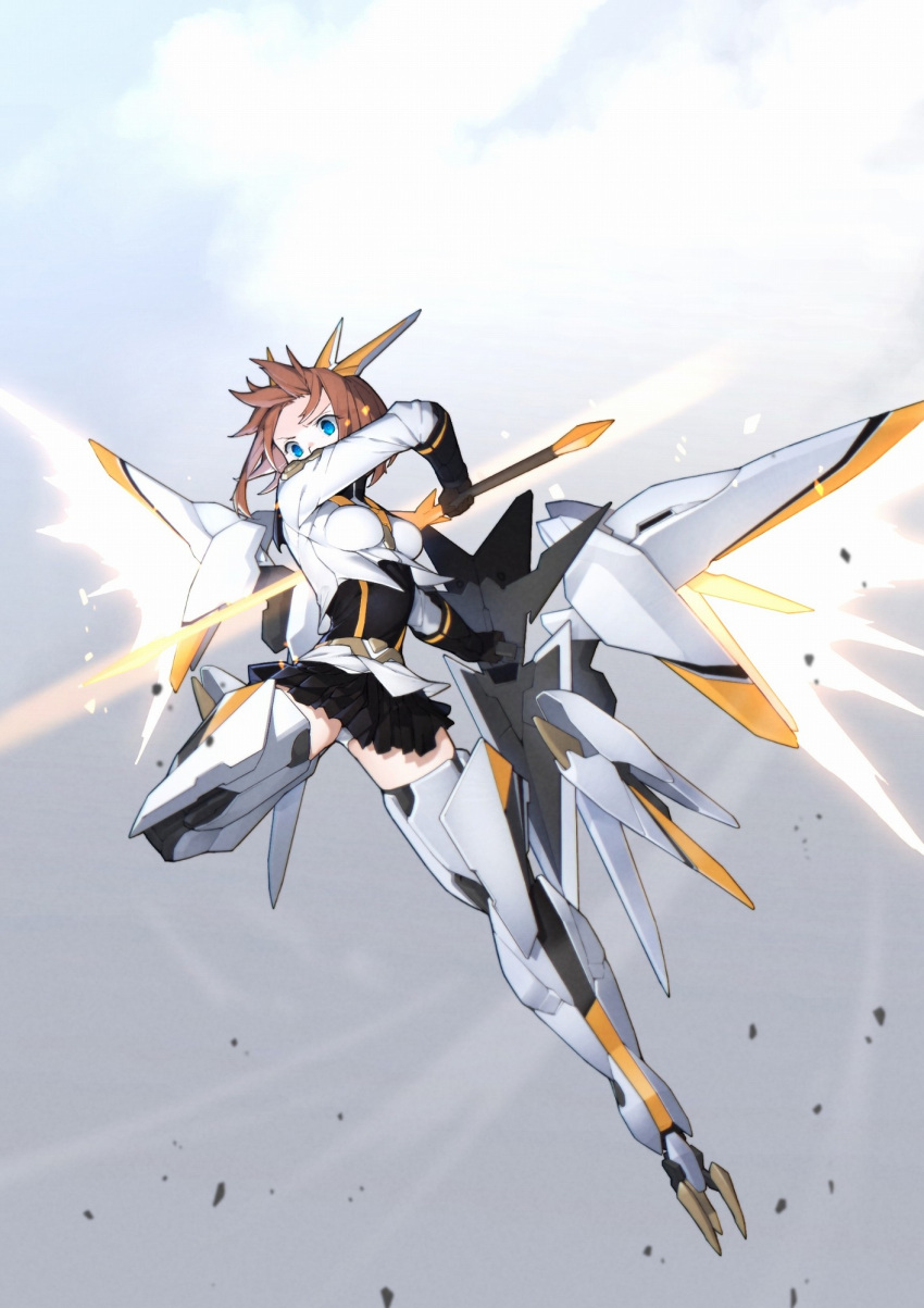 1girl alice_gear_aegis black_gloves blue_eyes brown_hair commentary_request floating floating_object gloves highres holding holding_shield holding_sword holding_weapon kanagata_sugumi karappo_(keith8387) mecha_musume mechanical_arms mechanical_legs mechanical_wings panties shield sky solo sword underwear weapon white_panties wings