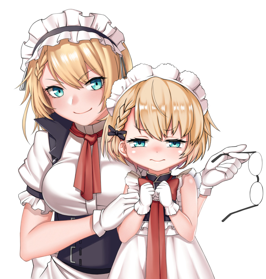 2girls absurdres black_vest blonde_hair blue_eyes bow breasts english_commentary g36_(girls'_frontline) g36_(mini_maid)_(girls'_frontline) girls'_frontline glasses gloves hair_between_eyes hand_on_another's_arm highres holding holding_eyewear large_breasts looking_at_viewer maid_headdress multiple_girls official_alternate_costume red_bow shirt short_hair short_sleeves simple_background smile time_paradox upper_body vest white_background white_gloves white_shirt zui_ai_shuang_mawei