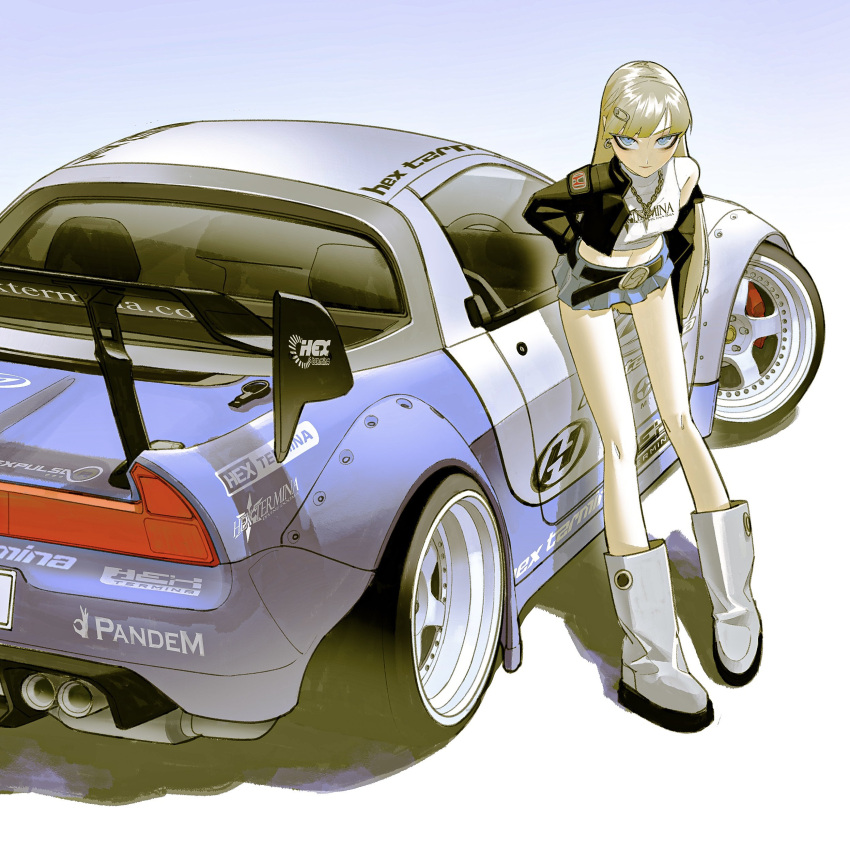 1girl absurdres belt black_jacket blonde_hair blue_eyes blue_skirt car cropped_jacket cropped_shirt earrings hair_ornament hairclip highres honda_nsx jacket jewelry long_hair looking_at_viewer miniskirt motor_vehicle necklace original race_vehicle shirt skirt solo spoiler_(automobile) sponsor vinne white_footwear white_shirt