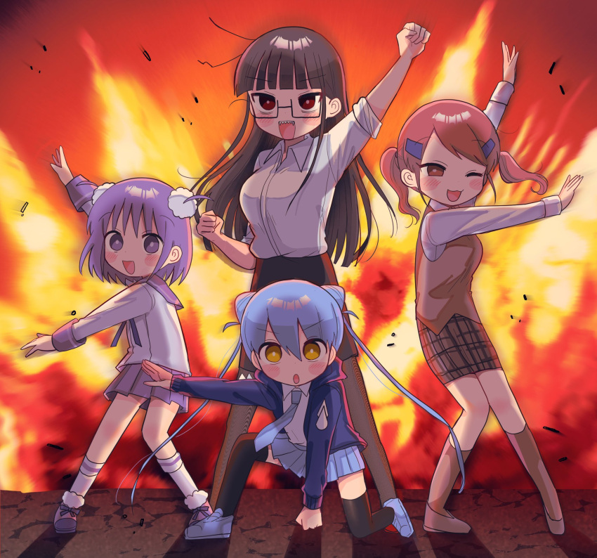 4girls :3 :o arm_up black_hair black_pantyhose black_thighhighs blue_footwear blue_hoodie blue_necktie blue_skirt blunt_bangs blush_stickers breasts bright_pupils brown_skirt brown_socks brown_vest collared_shirt commentary_request cone_hair_bun death_merumeru debris double_bun dress_shirt explosion floating_hair full_body fur-trimmed_footwear fur_trim glasses hair_bun hair_ornament hair_scrunchie hairclip harukaze_kodama highres hood hood_down hoodie inukai_mirai kill_me_baby kneehighs large_breasts long_hair long_sleeves looking_at_viewer multiple_girls necktie on_one_knee one_eye_closed open_clothes open_hoodie open_mouth outstretched_arm pantyhose parody pink_footwear plaid plaid_skirt pleated_skirt pose_imitation purple_eyes purple_hair purple_sailor_collar purple_skirt raised_fist red_eyes red_hair sailor_collar school_uniform scrunchie serafuku shadow sharp_teeth shinigami_dot_com shirt shoes short_hair skirt sleeves_rolled_up smile socks standing teeth thighhighs toukyou_tama tsurime twintails two_side_up vest white_pupils white_shirt white_socks yasashii_naizou yellow_eyes