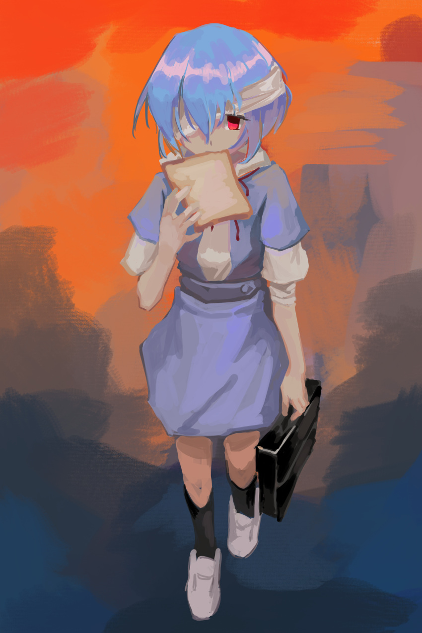 1girl absurdres ayanami_rei bandage_over_one_eye black_socks blue_hair bread food full_body highres multicolored_background neon_genesis_evangelion red_eyes red_ribbon ribbon school_uniform short_hair socks sola_(sola4kur) solo tokyo-3_middle_school_uniform walking white_footwear