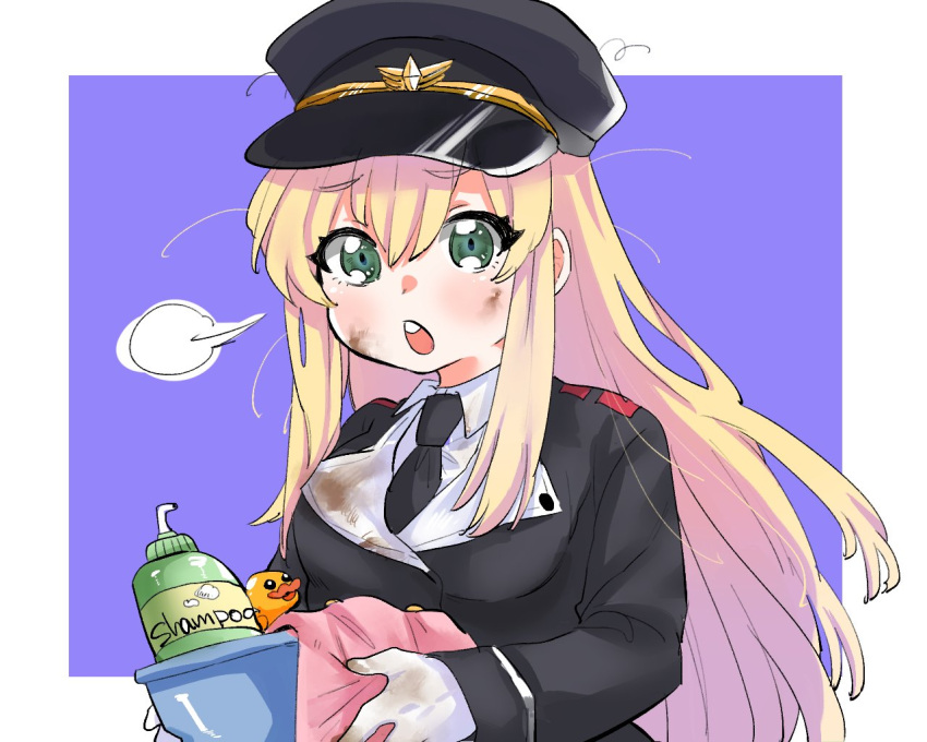 1girl black_headwear black_necktie blonde_hair breasts collared_shirt commentary_request commission dirty dirty_clothes girls'_frontline gloves green_eyes hair_between_eyes hat holding koji_(subno_ko_zi) long_hair long_sleeves looking_at_viewer medium_breasts necktie open_mouth peaked_cap purple_background rubber_duck second-party_source shampoo_bottle shirt sleeves_past_wrists solo stg44_(girls'_frontline) teeth thick_eyebrows two-tone_background upper_body upper_teeth_only very_long_hair white_background white_gloves white_shirt