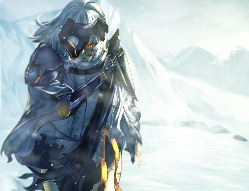 1girl blizzard cloak goddess_of_victory:_nikke hand_on_own_arm headgear highres jojoyu91360361 mechanical_arms medium_hair mountain outdoors single_mechanical_arm snow snow_white_(nikke) solo thighs walking white_cloak white_hair yellow_eyes