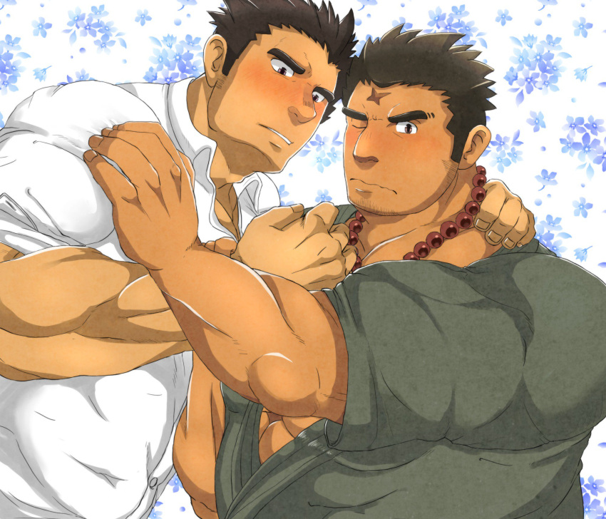 2boys abs adam's_apple bad_id bad_twitter_id bara bead_necklace beads blush bulge couple cross_scar dark-skinned_male dark_skin floral_background from_side goatee_stubble hand_on_another's_arm head_tilt highres houzouin_oniwaka jewelry large_pectorals long_sideburns looking_at_viewer male_focus mature_male multiple_boys muscular muscular_male navel navel_hair necklace nipples one_eye_closed pectoral_cleavage pectorals protagonist_3_(housamo) raineru_(gryffindor131) scar scar_on_face scar_on_forehead short_hair shy sideburns stomach thick_eyebrows thick_thighs thighs tokyo_afterschool_summoners topless_male upper_body yaoi