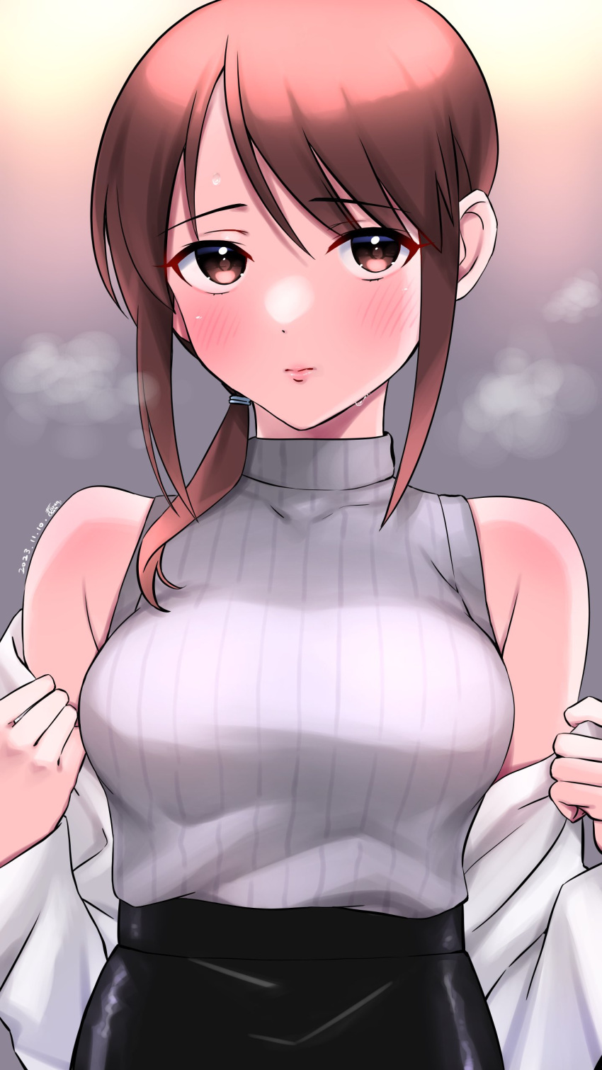 1girl absurdres black_skirt blush breasts brown_eyes brown_hair collarbone highres idolmaster idolmaster_cinderella_girls larmen_sennin looking_at_viewer medium_breasts mifune_miyu off_shoulder ponytail shirt sidelocks skirt sleeveless sleeveless_turtleneck solo steam sweater turtleneck turtleneck_sweater undressing white_shirt white_sweater