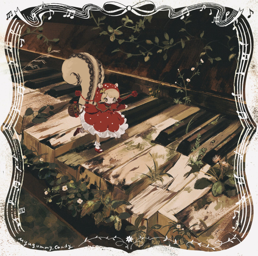 1girl animal_ears basket capelet daisy dress flower frilled_dress frills hat highres holding holding_basket instrument light_brown_hair little_red_riding_hood little_red_riding_hood_(grimm) looking_down mary_janes musical_note myu_(3u_gumi) original outstretched_arms piano plant polka_dot polka_dot_dress red_dress red_footwear shoes socks solo squirrel_ears squirrel_girl squirrel_tail tail