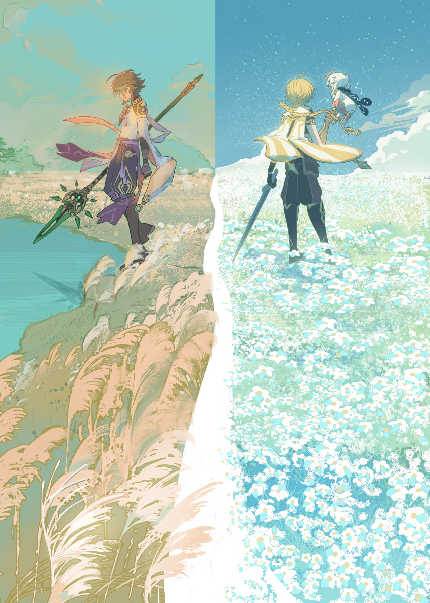 1girl 2boys absurdres aether_(genshin_impact) ahoge annshiro76 bead_necklace beads black_cape black_footwear black_gloves black_hair black_pants blonde_hair blue_sky boots braid braided_ponytail cape cloud day detached_sleeves facing_away field floating_hair flower flower_field flying genshin_impact gloves green_hair halo highres holding holding_polearm holding_sword holding_weapon jewelry long_hair long_sleeves multicolored_hair multiple_boys necklace night night_sky outdoors paimon_(genshin_impact) pants parted_bangs polearm primordial_jade_winged-spear_(genshin_impact) purple_cape shirt short_hair shoulder_spikes sidelocks silvergrass single_braid sky spikes standing star_(sky) starry_sky streaked_hair sword tassel water weapon white_cape white_flower white_hair white_shirt wide_sleeves xiao_(genshin_impact)