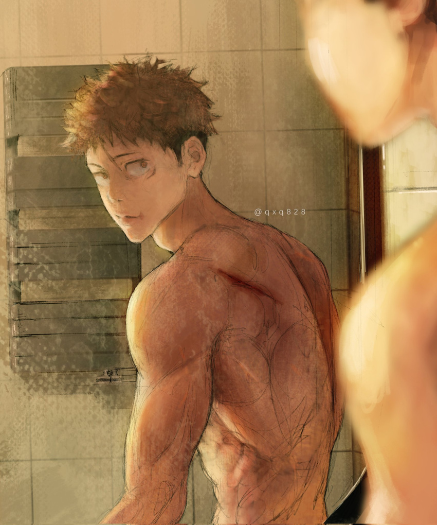 1boy back bathroom blurry closed_mouth depth_of_field expressionless highres indoors itadori_yuuji jujutsu_kaisen looking_at_mirror male_focus mirror muscular muscular_male qxq_illus reflection_focus short_hair solo tile_wall tiles twitter_username undercut