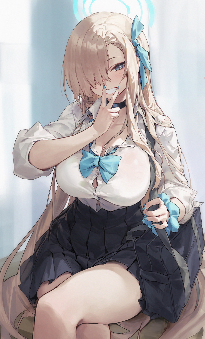 1girl absurdres asuna_(blue_archive) bag black_skirt blue_archive blue_bow blue_bowtie blue_eyes blue_halo blue_nails bow bowtie breasts cleavage commentary_request crossed_legs grin hair_over_eyes halo highres index_finger_raised large_breasts light_brown_hair looking_at_viewer mole mole_on_breast r1zen school_uniform shirt shoulder_bag sitting skirt smile solo thighs white_shirt