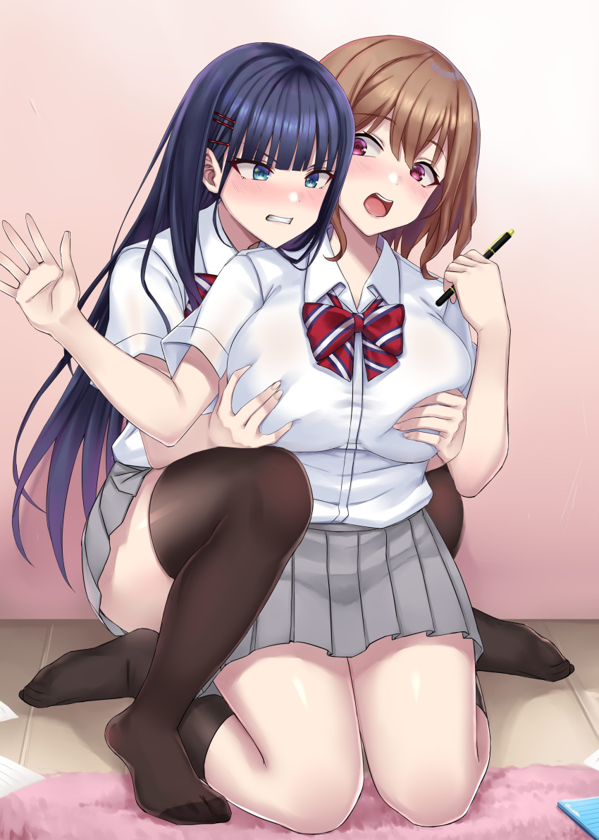 2girls absurdres bangs black_socks black_thighhighs blue_eyes blue_hair blush bow bowtie breast_grab breasts brown_hair collared_shirt commentary_request grabbing grey_skirt groping hair_ornament hairclip hands_up highres holding kneehighs kneeling large_breasts minarai multiple_girls open_mouth original parted_lips pleated_skirt purple_eyes red_bow red_bowtie school_uniform shirt shirt_tucked_in short_sleeves skirt socks thighhighs thighs white_shirt yuri