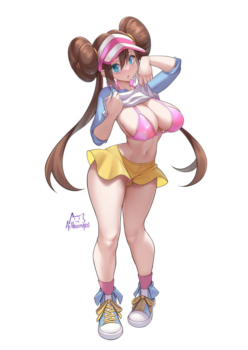 1girl achromaru bag bare_legs blue_eyes blush bow bra breasts bright_pupils brown_hair cleavage clothes_lift collarbone double_bun doughnut_hair_bun full_body hair_bun hands_up hat high_tops highres large_breasts leaning_forward long_hair looking_at_viewer navel open_mouth panties panty_peek pantyhose pantyhose_removed pink_bow pink_bra pink_panties pokemon pokemon_(creature) pokemon_(game) pokemon_bw2 raglan_sleeves rosa_(pokemon) shirt shirt_lift shoes short_shorts shorts signature simple_background skindentation sneakers solo strap_gap twintails underwear visor_cap white_background yellow_shorts