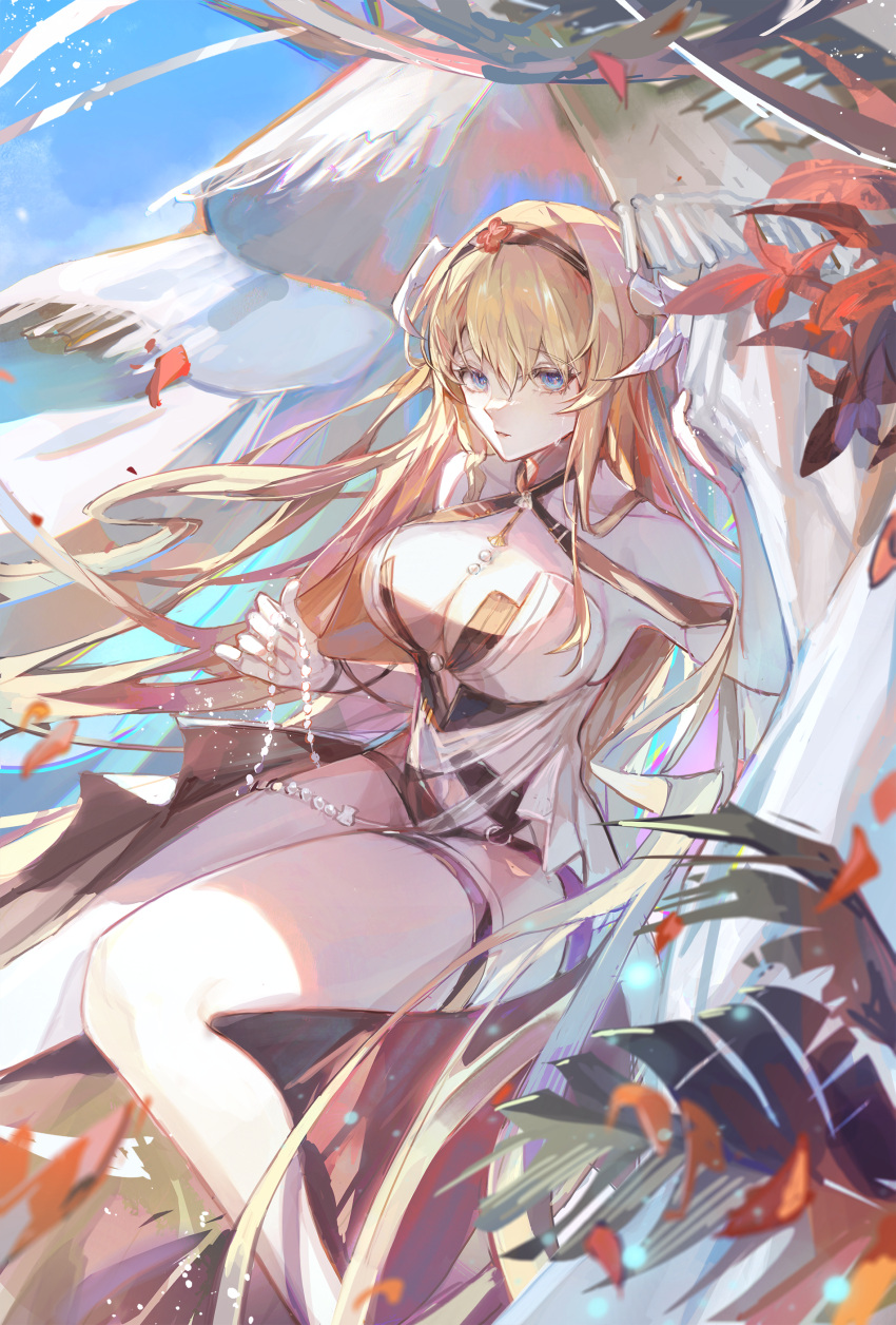 1girl absurdres arknights blonde_hair blue_hair breasts cleavage collarbone day highres holding holding_jewelry holding_necklace jewelry knees_together_feet_apart large_breasts long_hair looking_at_viewer necklace nininisama official_alternate_costume parted_lips pearl_necklace saileach_(arknights) saileach_(summer_flowers)_(arknights) sitting sky smile solo swimsuit very_long_hair wet wet_hair