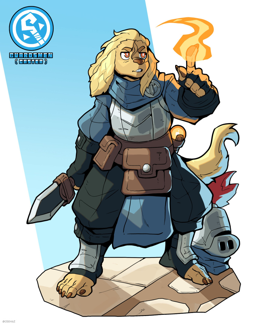2023 5_fingers 5_toes absurd_res ambiguous_gender anthro armor belt_pouch blade blonde_hair bottomwear brown_nails canid canine canis ceehaz clothed clothing colored_nails dog_knight_rpg domestic_dog elemental_manipulation feet fingerless_gloves fingers fire fire_manipulation footwear fur gloves guard hair handwear headgear helmet hi_res holding_object holding_weapon humanoid_feet humanoid_hands mammal melee_weapon nails pants pawpads plantigrade plate_armor standing tail toeless_footwear toes weapon yellow_body yellow_fur