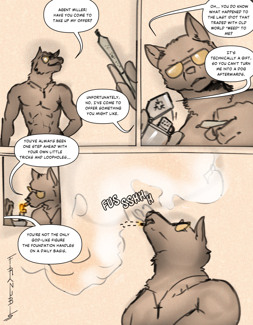 2022 5_fingers abs absurd_res agent_miller_(scp-2547) anthro anthro_focus anthrofied artist_name aviator_glasses biped black_text brown_body brown_fur canid canine canis carrying_penis character_name comic coyote cross cross_necklace dialogue digital_drawing_(artwork) digital_media_(artwork) drugs duo english_text eyewear eyewear_only fingers franubis fur hi_res human jewelry lighter logo looking_at_viewer male male_focus mammal marijuana muscular muscular_anthro muscular_male necklace necklace_only nude nude_anthro nude_male null offering_to_viewer offscreen_character orange_eyewear orange_sunglasses partially_colored scp-2547-1 scp-420-j scp_foundation signature simple_background smoke smoking smoking_weed solo_focus sound_effects standing sunglasses sunglasses_only text white_text
