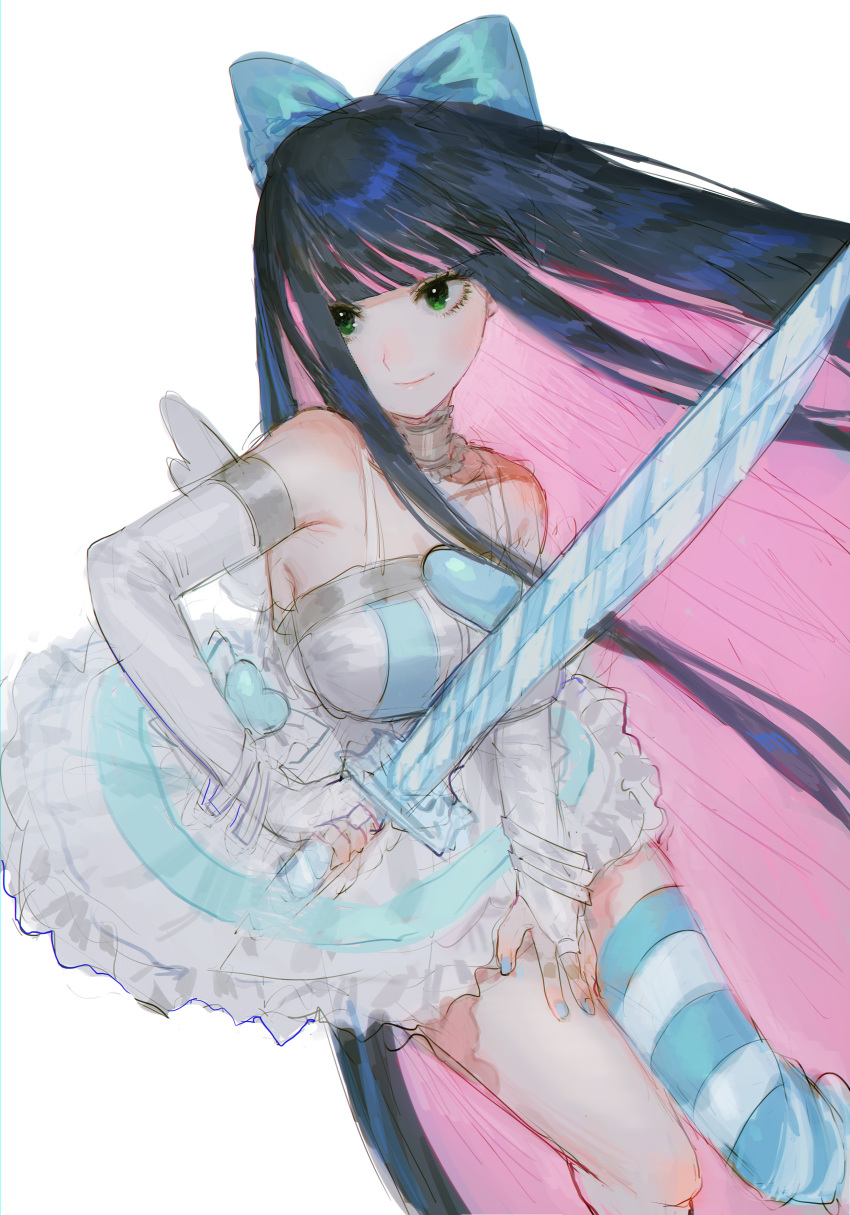 1girl absurdres angel_wings blue_bow blue_hair blue_nails blunt_bangs bow breasts bridal_gauntlets collar colored_inner_hair dress frilled_dress frills gloves green_eyes hair_bow hand_on_own_thigh heart highres holding holding_sword holding_weapon large_breasts long_hair mini_wings multicolored_hair panty_&amp;_stocking_with_garterbelt pink_hair simple_background single_thighhigh smile spaghetti_strap stocking_(psg) striped striped_thighhighs sword thighhighs two-tone_hair very_long_hair weapon white_background white_dress wings yatatashira