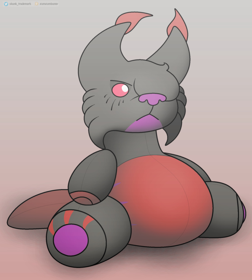 ambiguous_gender belly big_belly black_body felid feline foxball fur hi_res kitty_pride lynx mammal metamorphosed_nermal_(kitty_pride) multicolored_body plushie red_body simple_background solo stripes