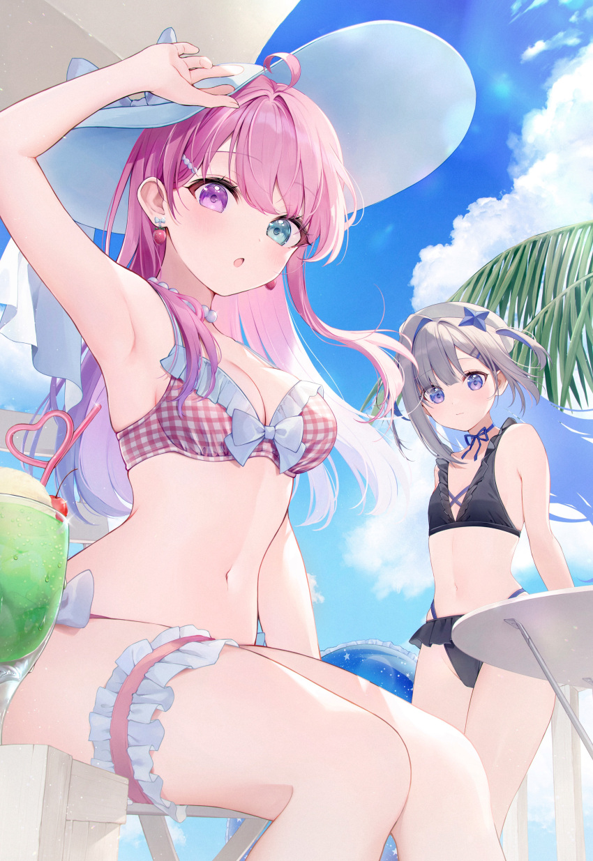 2girls absurdres ahoge amane_kanata aqua_eyes arm_up armpits bare_shoulders beach_umbrella bikini bikini_skirt black_bikini blue_eyes blue_hair blue_innertube blue_ribbon blue_sky blunt_bangs blush bow bow_bikini breasts cherry cleavage closed_mouth cloud cloudy_sky commentary crazy_straw cup day drinking_glass drinking_straw earrings flat_chest food food-themed_earrings food_print frilled_bikini frills from_below fruit grey_hair hair_intakes hair_ornament hairclip hat hat_bow heart_straw heterochromia highres himemori_luna hololive jewelry kabi_akaru long_hair looking_at_viewer medium_breasts multicolored_hair multiple_girls navel neck_ribbon necklace open_mouth outdoors pearl_necklace pink_bikini pink_hair plaid plaid_bikini purple_eyes ribbon round_table sidelocks single_hair_intake sitting sky stomach strawberry_print streaked_hair sun_hat swimsuit table thick_thighs thigh_strap thighs tree two-tone_hair two_side_up umbrella virtual_youtuber white_bow white_headwear