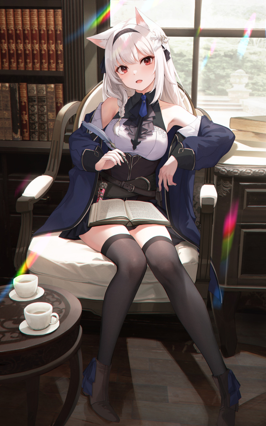 1girl absurdres animal_ears bare_shoulders black_skirt black_thighhighs book book_on_lap bookshelf chair hairband highres holding holding_quill off_shoulder open_book original pleated_skirt quill rainbow red_eyes sagiri_(ulpha220) sitting skirt solo thighhighs white_hair window