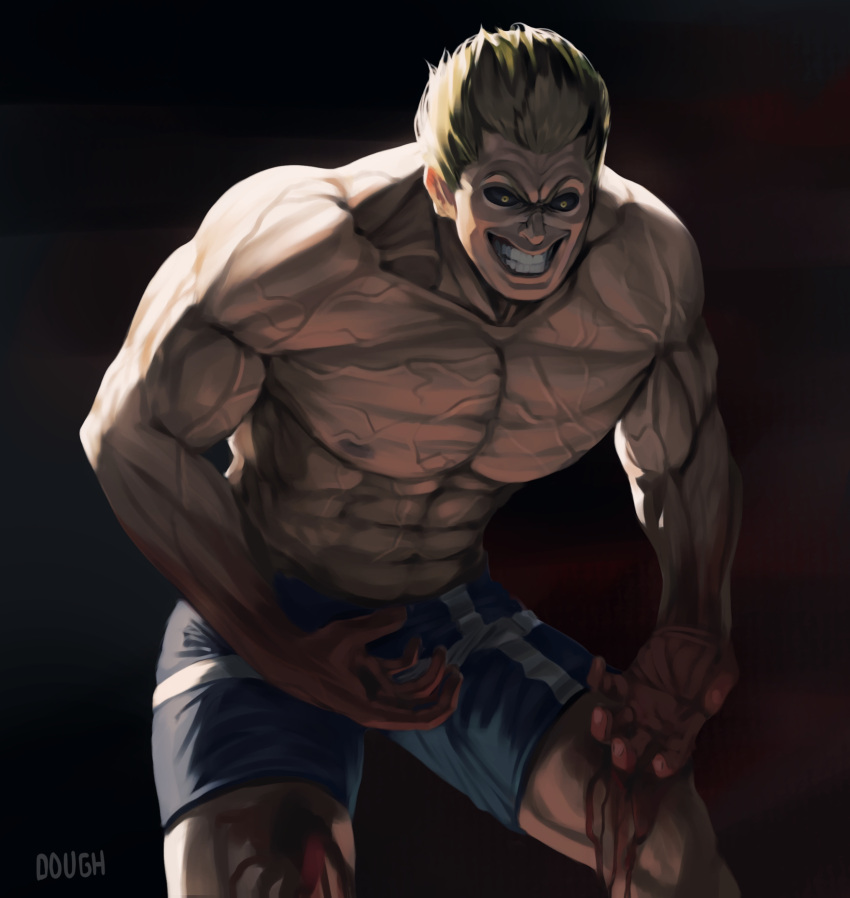 1boy abs absurdres artist_name backlighting black_sclera blonde_hair blood blood_on_hands colored_sclera commentary crazy_eyes crazy_grin dough_(doughnath) english_commentary highres hunched_over kengan_(series) kengan_ashura kure_raian male_focus muscular muscular_male pectorals signature solo topless_male veins veiny_arms yellow_eyes