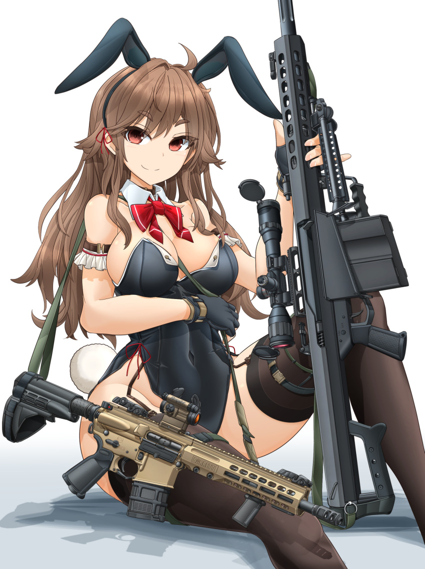 1girl absurdres animal_ears anti-materiel_rifle armband assault_rifle barrett_m82 between_breasts black_gloves black_leotard black_thighhighs bow bowtie breasts brown_hair closed_mouth collar covered_navel detached_collar fake_animal_ears fake_tail fingerless_gloves frilled_armband frills gloves gun highres holding holding_gun holding_weapon knee_up large_breasts leotard long_hair looking_at_viewer mikeran_(mikelan) original playboy_bunny rabbit_ears rabbit_tail red_bow red_bowtie red_eyes rifle scope shadow side-tie_leotard sitting smile sniper_rifle solo strapless strapless_leotard tail thighhighs weapon white_collar wing_collar