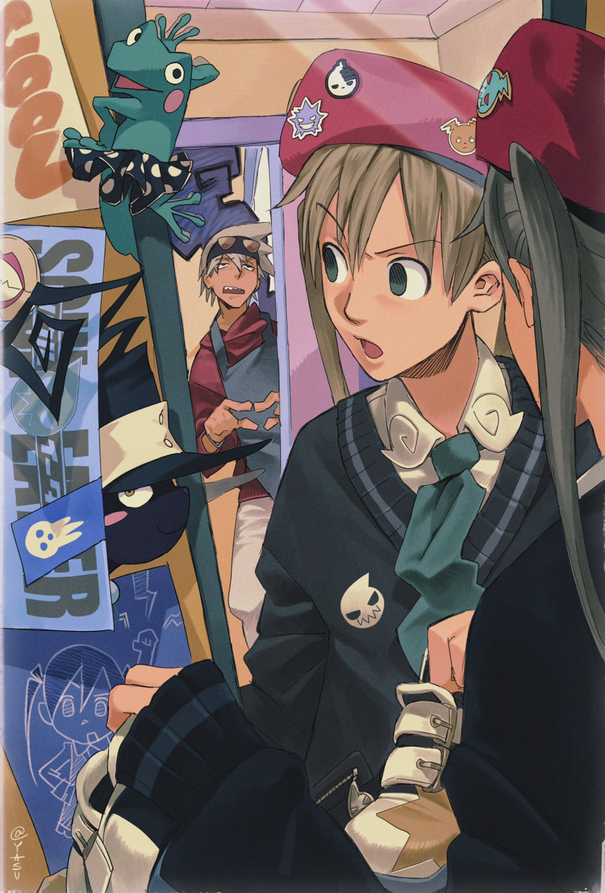 animal ann_yasu_d beret blair_(soul_eater) blush_stickers brown_hair cat collared_shirt green_eyes green_necktie hat highres long_sleeves looking_at_viewer maka_albarn mirror necktie open_mouth red_headwear reflection shirt soul_eater soul_evans twintails v-shaped_eyebrows witch_hat