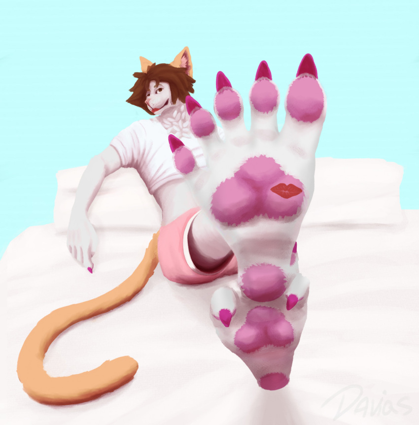 ambiguous_gender anthro bed clothing davias00 digital_media_(artwork) felid feline fur furniture hi_res looking_at_viewer mammal paws simple_background smile solo tail white_body white_fur