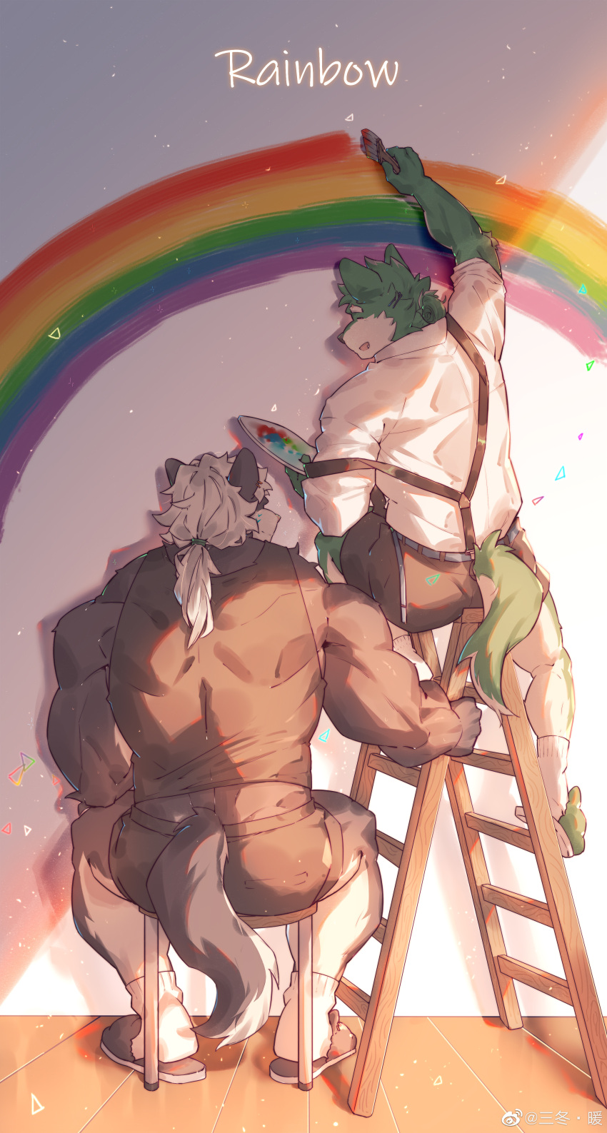 2boys absurdres animal_ears artist_painter ass bara black_tank_top couple dog_boy dog_ears dog_tail english_text facing_another from_behind full_body furry furry_male furry_with_furry happy highres ladder lgbt_pride long_hair low_ponytail male_focus multiple_boys muscular muscular_male on_chair original paintbrush painting_(action) palette_(object) rainbow short_hair sitting sunlight suspenders suspenders_slip tail tank_top thick_eyebrows white_hair winters29208178