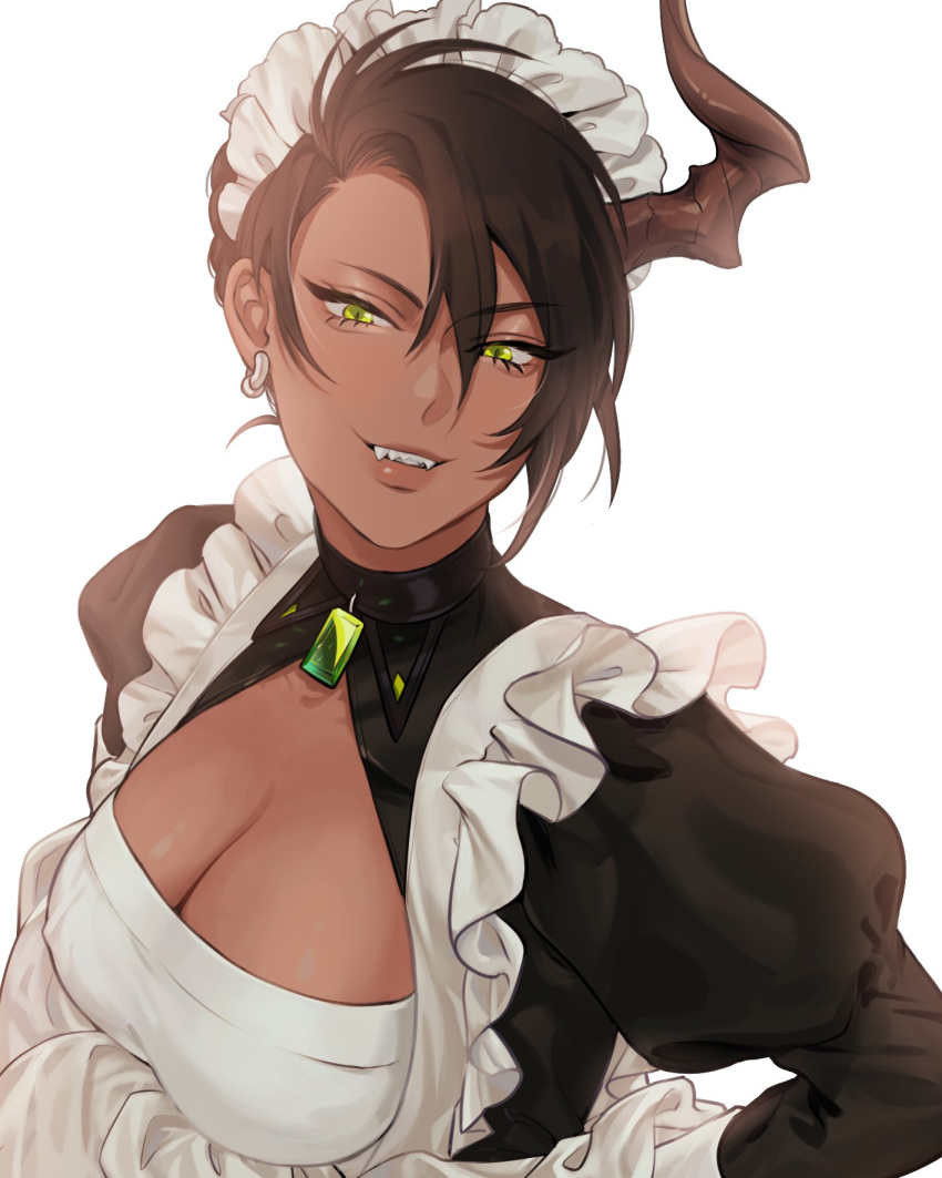 1girl alternate_costume apron aragami_oga black_dress black_hair breasts cleavage collar dark-skinned_female dark_skin demon_horns dress earrings enmaided eyelashes fangs fangs_out genderswap genderswap_(mtf) green_eyes hair_between_eyes highres holostars hoop_earrings horns jewelry juliet_sleeves long_sleeves looking_at_viewer maid maid_apron maid_headdress onion_(kionlin322) parted_lips puffy_sleeves shiny_skin short_hair single_horn slit_pupils smile solo upper_body white_background