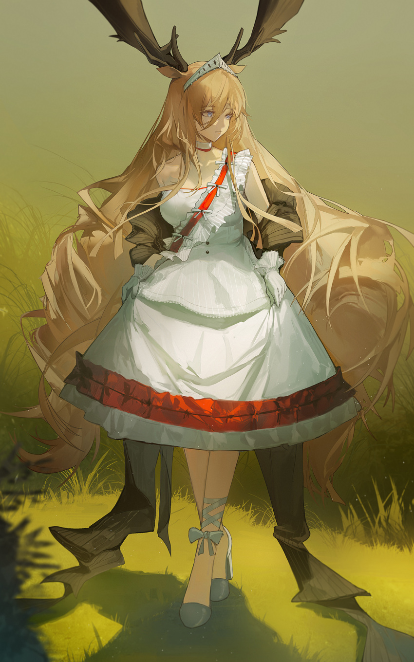 1girl arknights blonde_hair blue_eyes brown_shawl commentary dress english_commentary gloves grass hair_between_eyes highres long_hair looking_to_the_side outdoors sash shawl sidelocks single_strap sky solo tiara very_long_hair viviana_(arknights) white_dress white_footwear white_gloves yuuki_mix