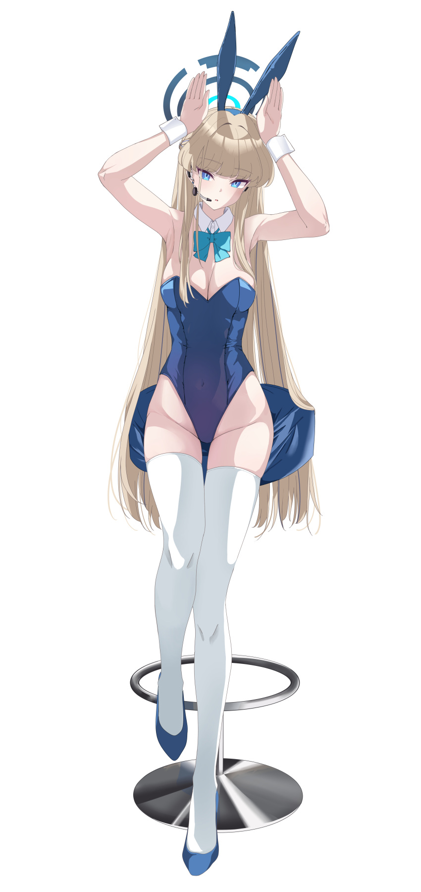 1girl absurdres animal_ears aqua_bow aqua_bowtie armpits arms_up blue_archive blue_footwear blue_leotard bow bowtie breasts cleavage commentary covered_navel detached_collar fake_animal_ears full_body groin hair_intakes halo headset highres leotard long_hair looking_at_viewer medium_breasts on_stool playboy_bunny rabbit_ears sitting solo stool strapless strapless_leotard thighhighs toki_(blue_archive) toki_(bunny)_(blue_archive) tomu_(tom_309k) very_long_hair white_thighhighs wrist_cuffs
