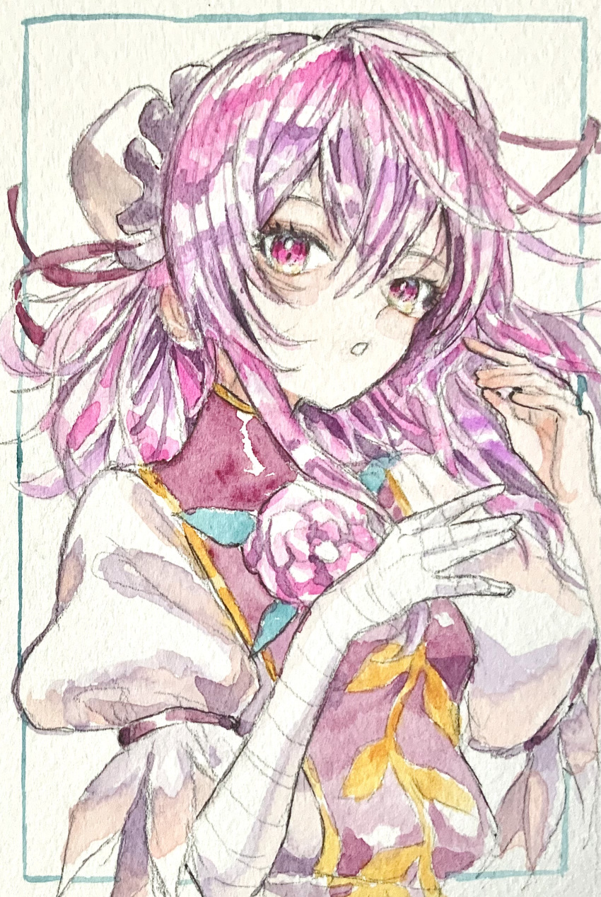 1girl \||/ absurdres bandaged_arm bandages bun_cover flower hair_between_eyes hair_bun hands_up highres ibaraki_kasen long_hair looking_at_viewer navybluesparrow painting_(medium) parted_lips pink_eyes pink_flower pink_hair pink_rose puffy_short_sleeves puffy_sleeves rose shirt short_sleeves sidelocks solo tabard touhou traditional_media upper_body watercolor_(medium) white_shirt