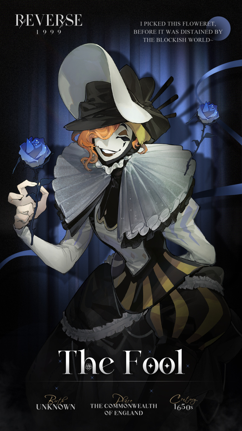 1other ambiguous_gender arm_behind_back black_headwear blue_background blue_flower blue_rose character_name clown_mask copyright_name cowboy_shot curtains english_text flower grin hair_over_one_eye hand_up highres holding holding_flower jester juliet_sleeves logo long_sleeves mask neck_ruff official_art orange_hair pants_under_shorts puffy_shorts puffy_sleeves reverse:1999 rose shirt shorts smile spotlight the_fool_(reverse:1999) white_mask white_shirt